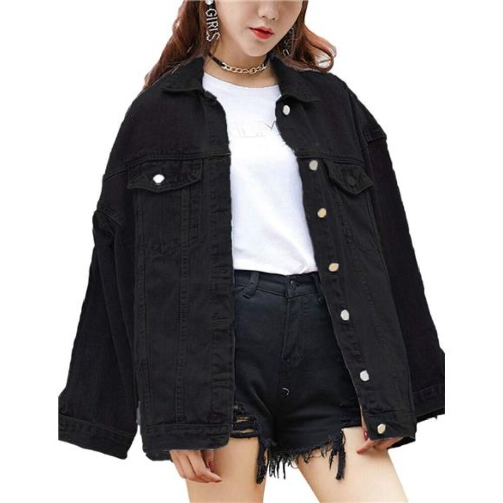Women's Oversized Mid Long Denim Jacket Jean Biker Coat